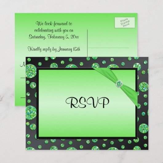 Zwart en Limoen Glittery Dot RSVP-Briefkaart Uitnodiging Briefkaart (Voorkant / Achterkant)