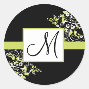 Zwart en limoen groen monogram bruiloft stickers