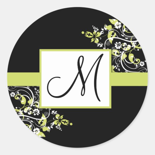 Zwart en limoen groen monogram bruiloft stickers (Voorkant)