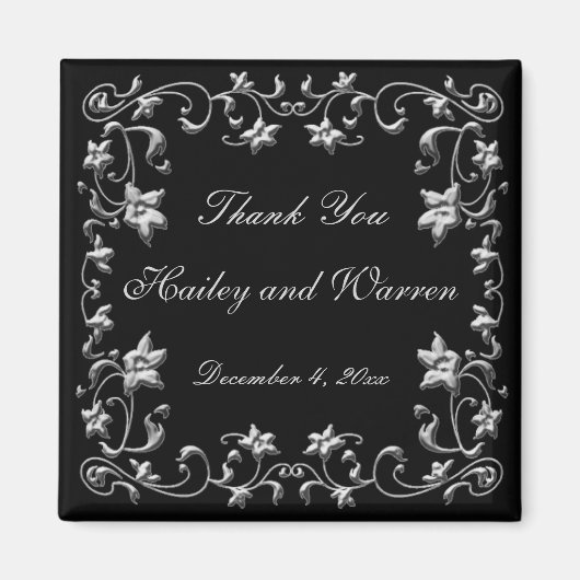 Zwart en loodgrijs bloemig huwelijksgunstmagneetje magneet (Voorkant)