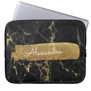 Zwart en marmer met goudfolie en glitter laptop sleeve