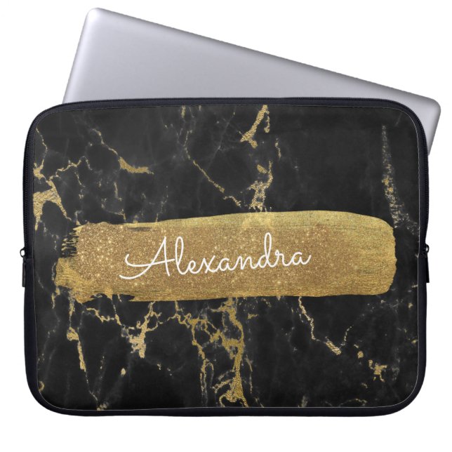 Zwart en marmer met goudfolie en glitter laptop sleeve (Voorkant)