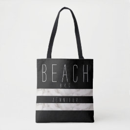 Zwart en marmeren strandtas met naam tote bag