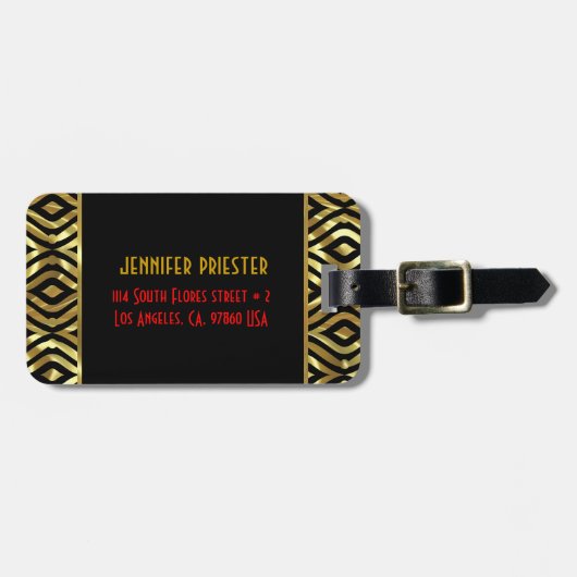 Zwart en Metaalgoud geometrisch patroon Bagagelabel (Voorkant horizontaal)