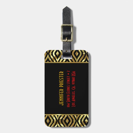 Zwart en Metaalgoud geometrisch patroon Bagagelabel (Voorkant verticaal)
