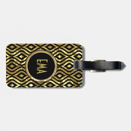 Zwart en Metaalgoud geometrisch patroon Bagagelabel (Achterkant horizontaal)