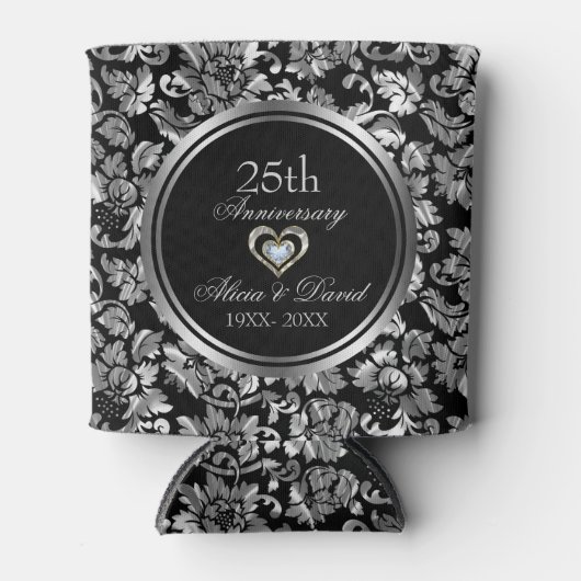 Zwart en metaalzilver 25th Wedding Jubileum Blikjeskoeler (Voorkant)