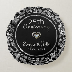 Zwart en metaalzilver 25th Wedding Jubileum Rond Kussen
