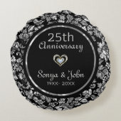 Zwart en metaalzilver 25th Wedding Jubileum Rond Kussen (Achterkant)