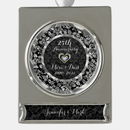 Zwart en metaalzilver 25th Wedding Jubileum Verzilverd Banner Ornament (Voorkant)