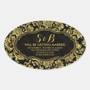 Zwart en Metallic Goud Bloemen Damasks 3a Patroon Ovale Sticker