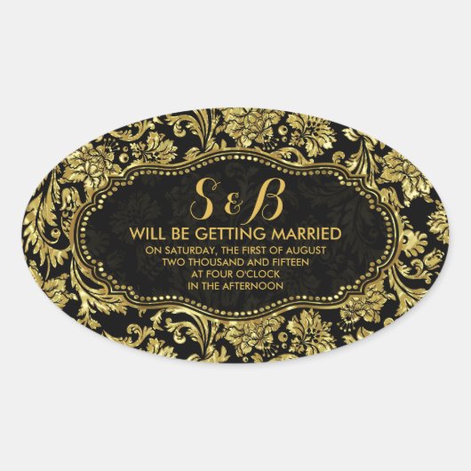 Zwart en Metallic Goud Bloemen Damasks 3a Patroon Ovale Sticker (Voorkant)