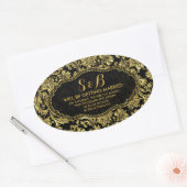 Zwart en Metallic Goud Bloemen Damasks 3a Patroon Ovale Sticker (Envelop)