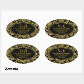 Zwart en Metallic Goud Bloemen Damasks 3a Patroon Ovale Sticker (Vel)