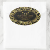 Zwart en Metallic Goud Bloemen Damasks 3a Patroon Ovale Sticker (Tas)