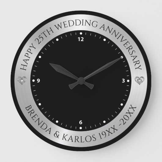 Zwart en metallic zilver 25e bruiloft Jubileum Grote Klok (Voorkant)