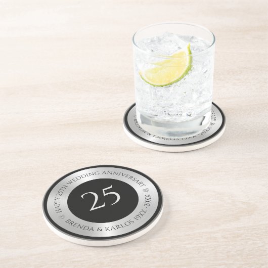 Zwart en metallic zilver 25e bruiloft Jubileum Zandsteen Onderzetter (Zijkant)