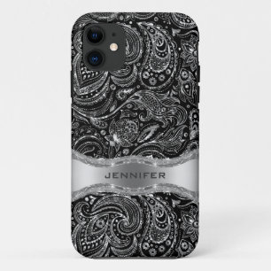 Zwart en Metallic Zilver Bloemen Paisley Case-Mate iPhone Case