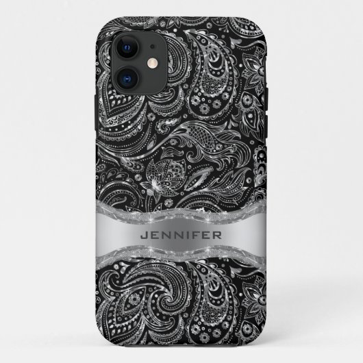 Zwart en Metallic Zilver Bloemen Paisley Case-Mate iPhone Case (Achterkant)