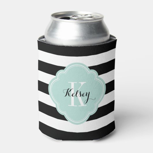 Zwart en Mint Preppy Stripes Monogram Blikjeskoeler (Blikje Voorkant)