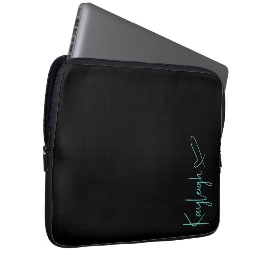 Zwart en Mint Script Naam Electronics Bag Laptop Sleeve (Voorkant Rechts)