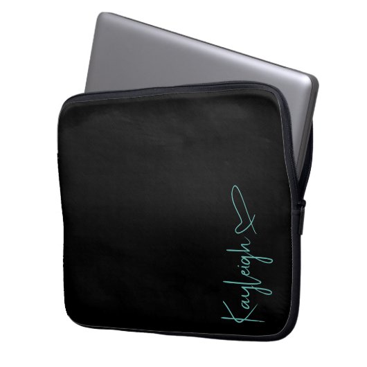 Zwart en Mint Script Naam Electronics Bag Laptop Sleeve (Voorkant Links)