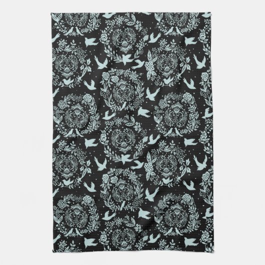 Zwart en mintgroen bloemmotief met vogels theedoek (Verticaal)