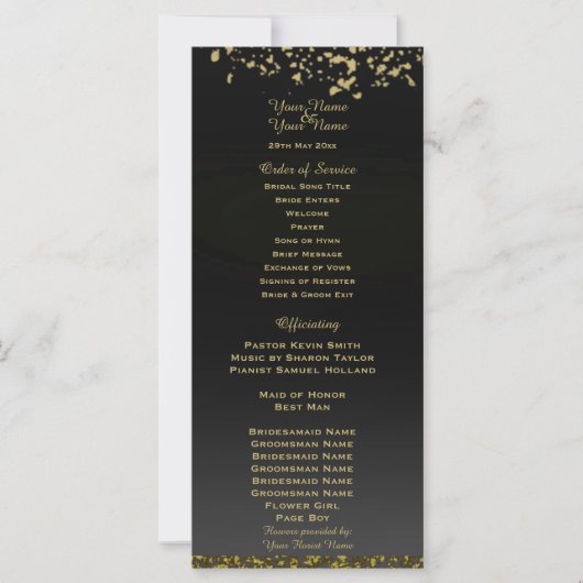 Zwart en namaak gouden glitter trouwprogramma (Voorkant)