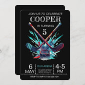 Zwart en neon glanshockey uitnodiging (Voorkant / Achterkant)