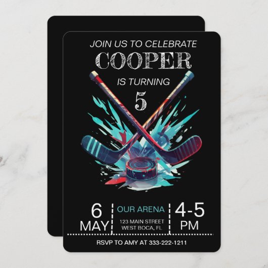 Zwart en neon glanshockey uitnodiging (Voorkant / Achterkant)