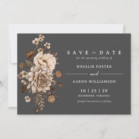 Zwart en Neutraal Bloemen | Moody Herfst Boho Wedd Save The Date (Voorkant)