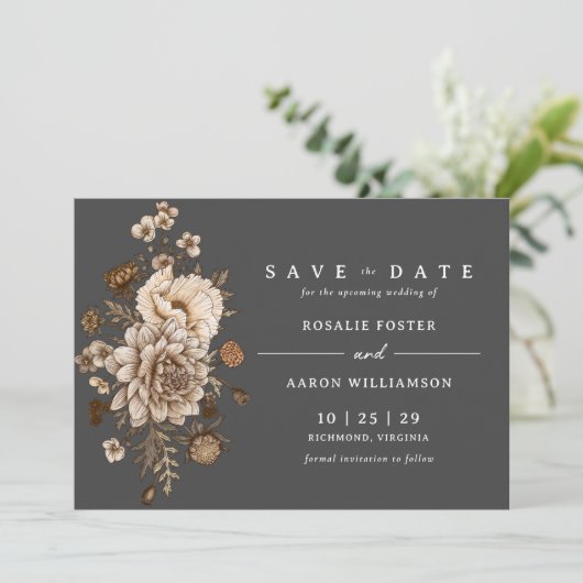 Zwart en Neutraal Bloemen | Moody Herfst Boho Wedd Save The Date (Staand voorkant)
