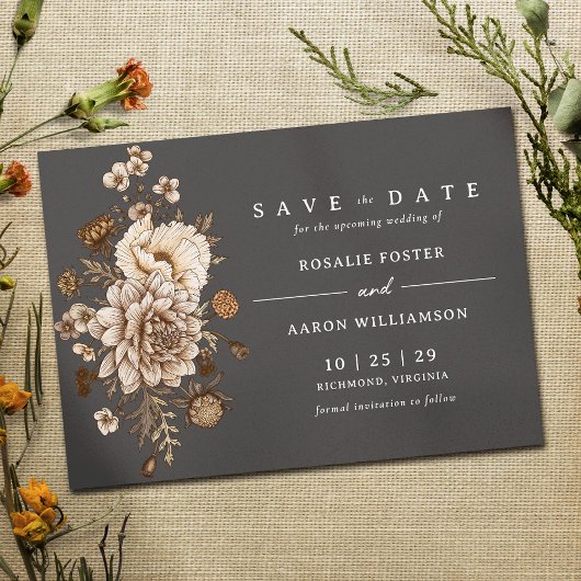 Zwart en Neutraal Bloemen | Moody Herfst Boho Wedd Save The Date