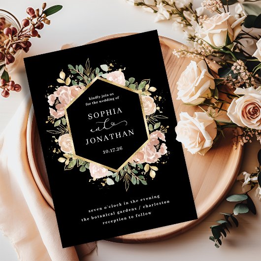 Zwart en neutraal Waterverf Floral | Bruiloft Kaart