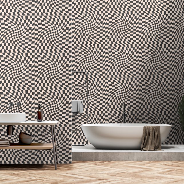 Zwart en Off White Twisted Checkerboard Behang (Badkamer)