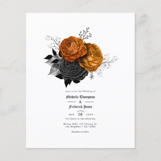 Zwart en oranje bloemgotisch bruiloft flyer (Voorkant)