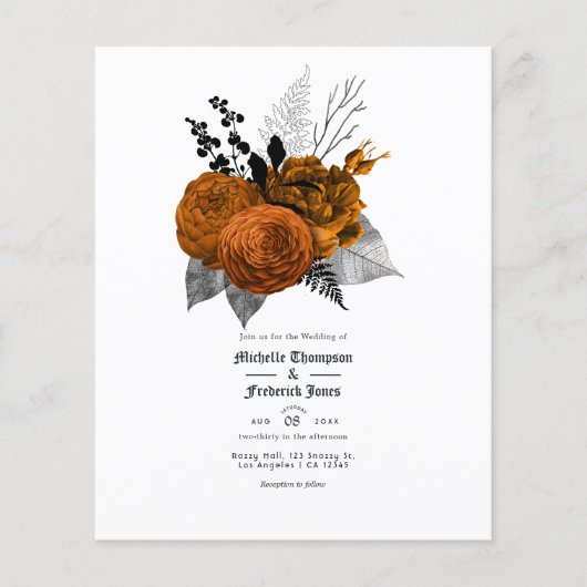 Zwart en oranje bloemgotisch bruiloft flyer (Voorkant)