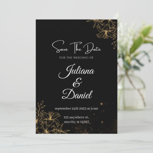 Zwart en Oranje Esthetische Bruiloft Uitnodigingen (Staand voorkant)