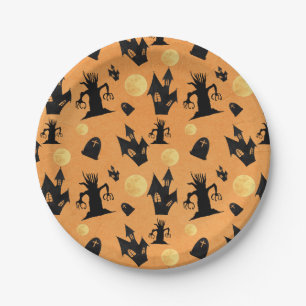 Zwart en oranje Geestenhuis Halloween Papieren Bordje