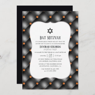 Zwart en Oranje Gem Faux Leather Bat Mitzvah Kaart