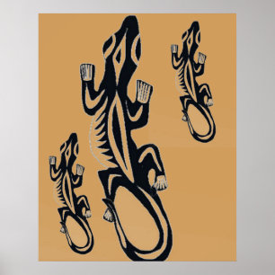 Zwart en oranje hagedis in tribale stijl poster