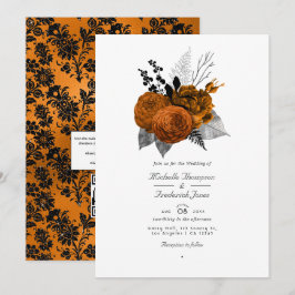 Zwart en oranje Halloween bloemencode QR Code Huwe Kaart