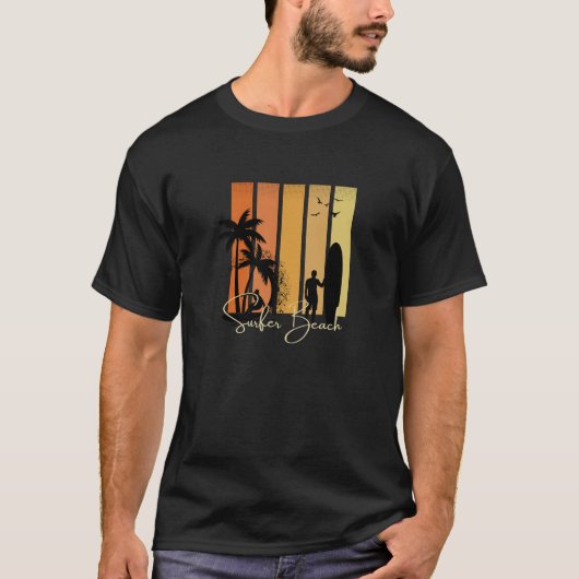 Zwart en Oranje Modern Minimalistisch Surfer Beach T-shirt (Voorkant)