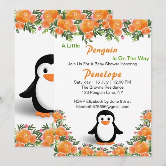 Zwart en Oranje Pinguïn | Oranje & Groene Bloemen Kaart (Voorkant / Achterkant)