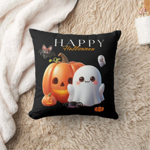 Zwart en oranje Schattig Gelukkig Halloween Kussen