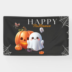 Zwart en oranje Schattig Gelukkig Halloween Spandoek