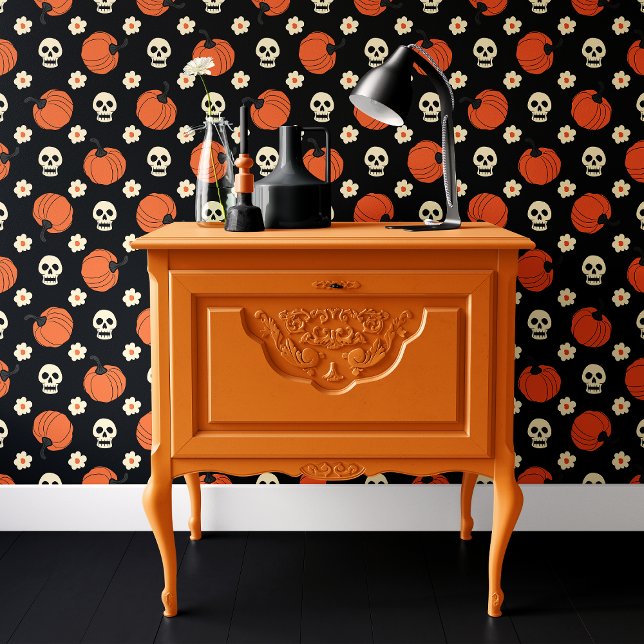 Zwart en Oranje Schedel Pompoen Bloemen Halloween Behang (Creator heeft geüpload)