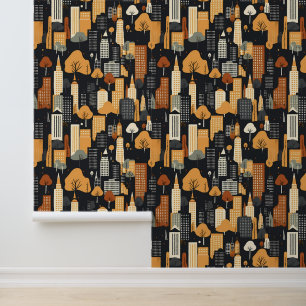 Zwart en Oranje Stadsgebouwen in Herfst Patroon Behang