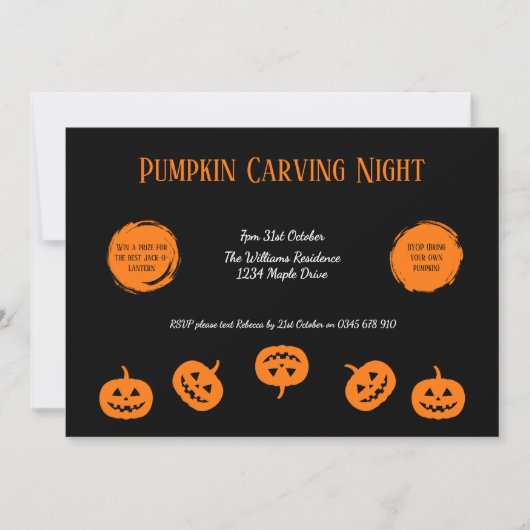 Zwart en oranje uitnodiging voor pompoensnijden 's (Voorkant)