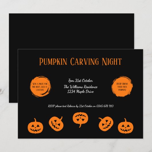 Zwart en oranje uitnodiging voor pompoensnijden 's (Voorkant / Achterkant)
